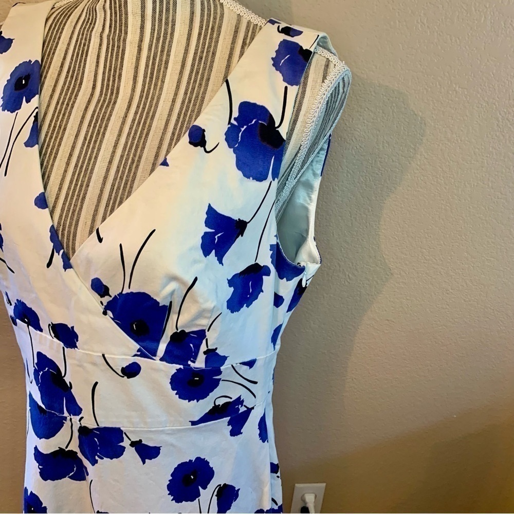 Spense Dress Missy Sz 12 White Blue Floral Cotton Sleeveless Faux Wrap Summer - Picture 7 of 16